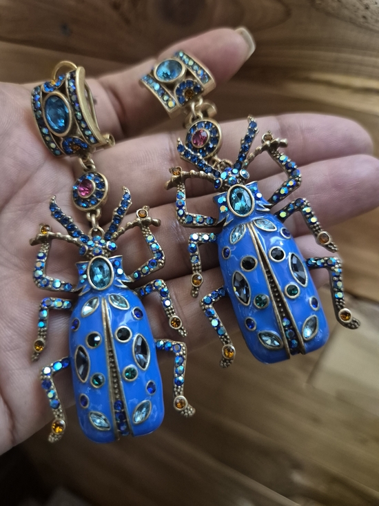 The Unbranded Brand Jewelry - Blue Enamel Beetle Drop Earrings with Multicolor Crystal Accents